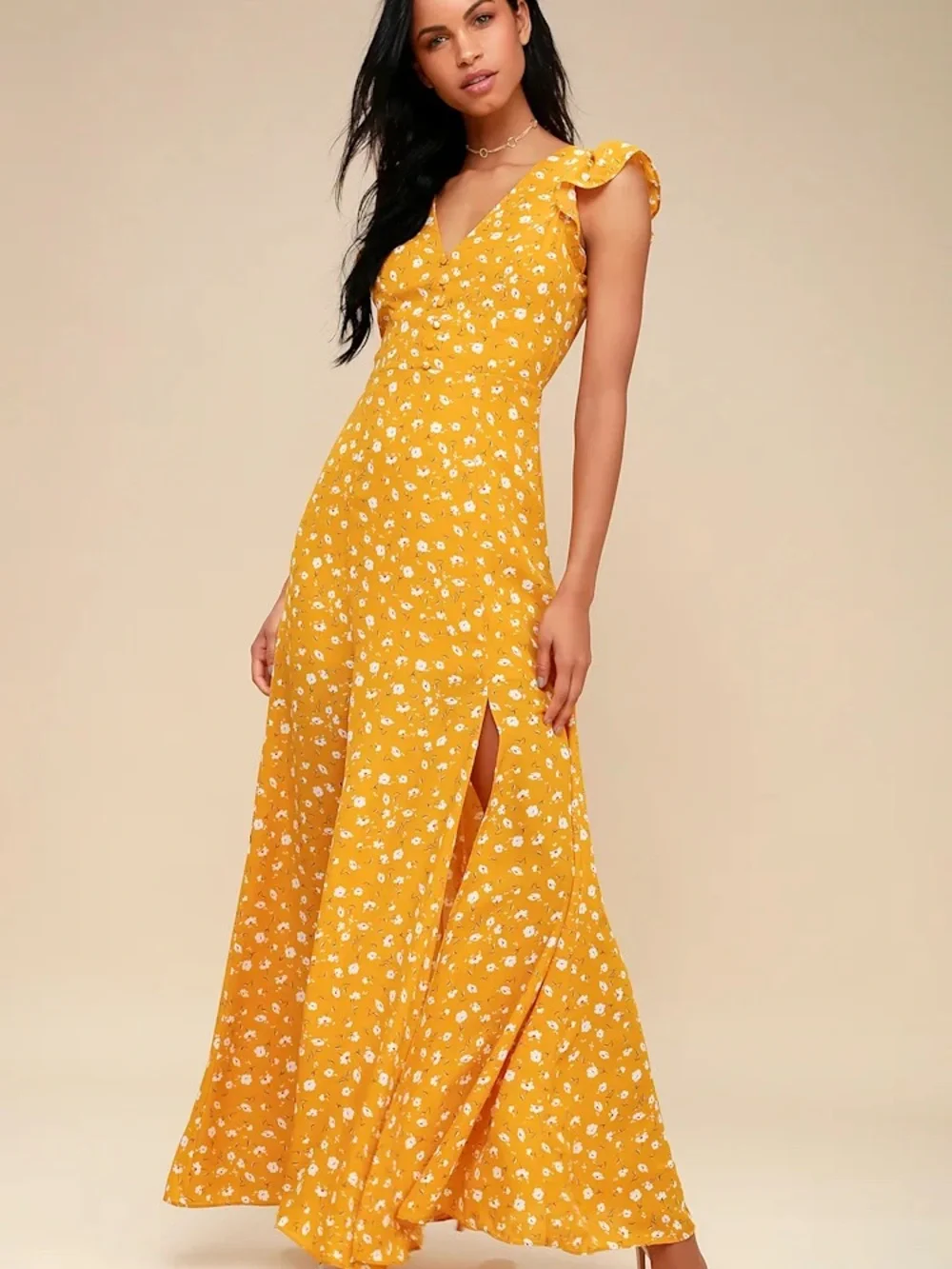 Lulu's Mustard Floral Ruffle-Sleeve Maxi Dress